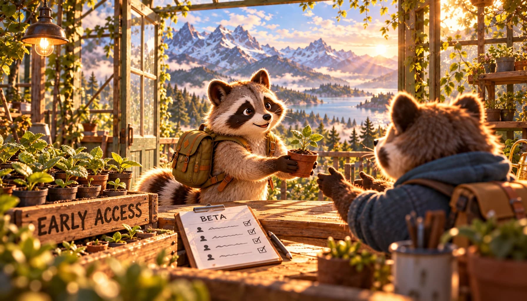 A raccoon presents a young product prototype to early adopters in a sunlit alpine greenhouse.