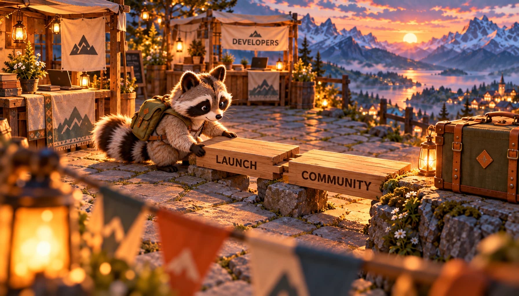 A raccoon builds a launch route from complementary platforms at an alpine makers fair.