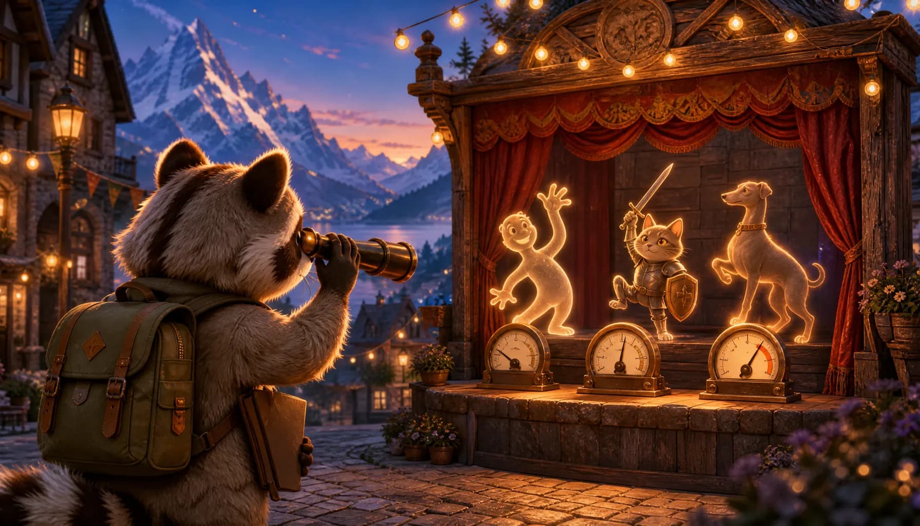 A raccoon scouts glowing animated characters on a village stage through a brass telescope, beside meters showing their growth.
