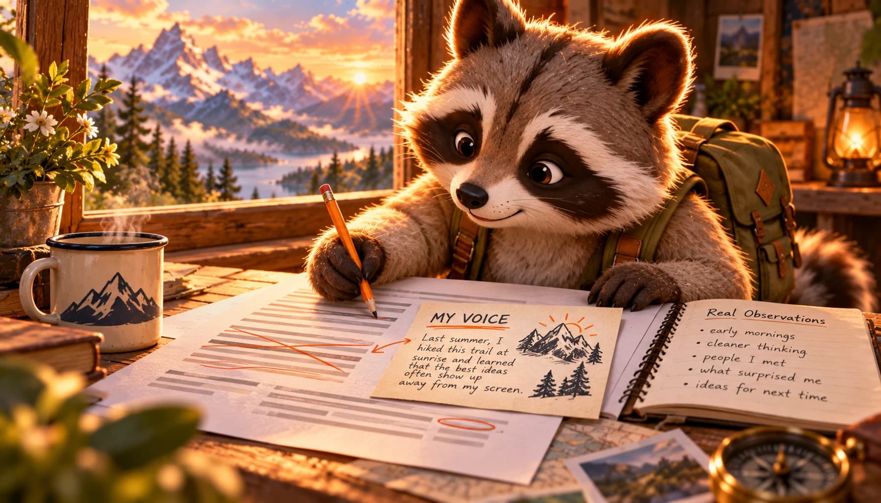 A raccoon edits a draft with a pencil and adds a personal detail from a worn notebook.