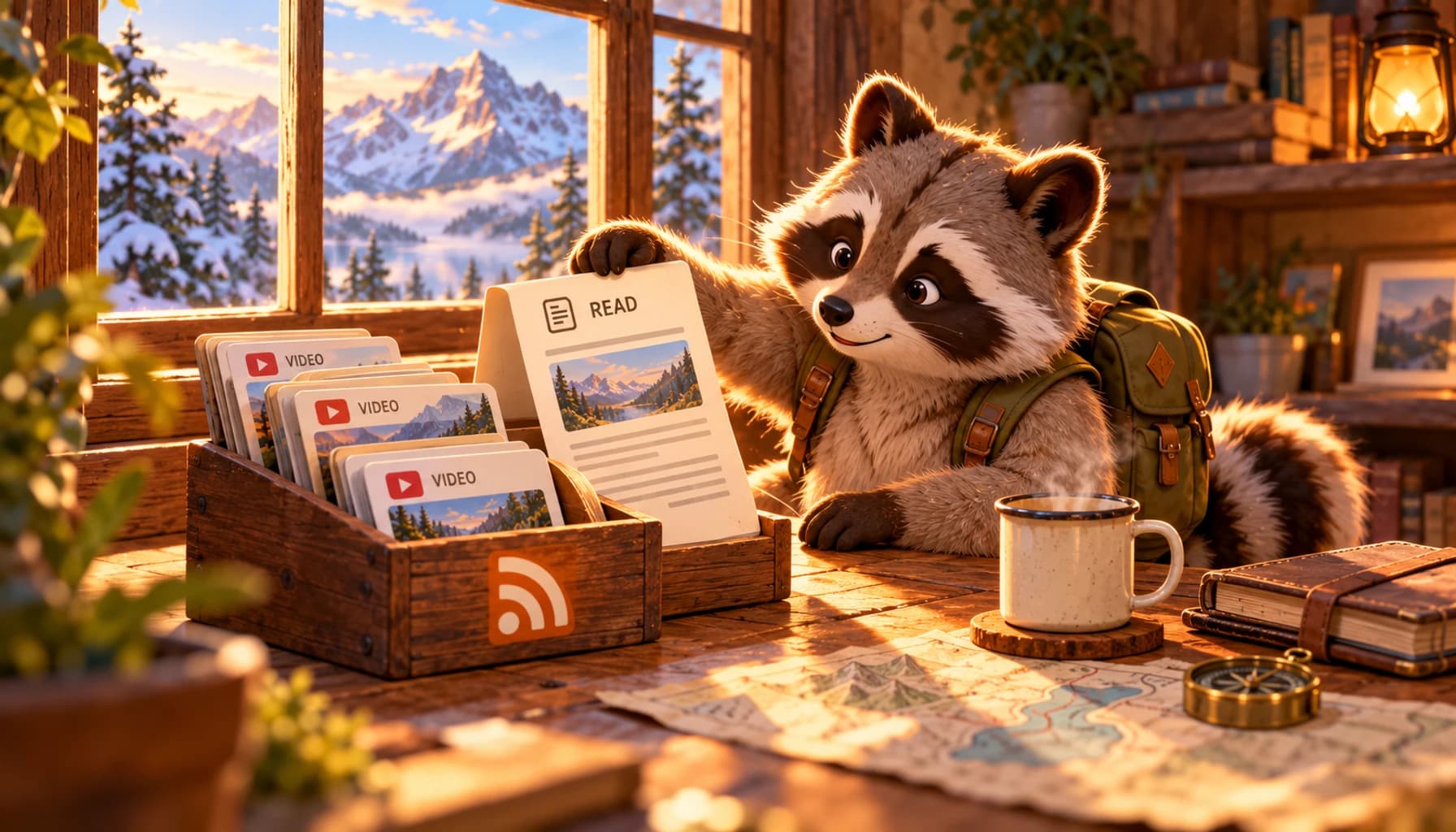 A raccoon turns video feed cards into a tidy stack of readable articles over breakfast.