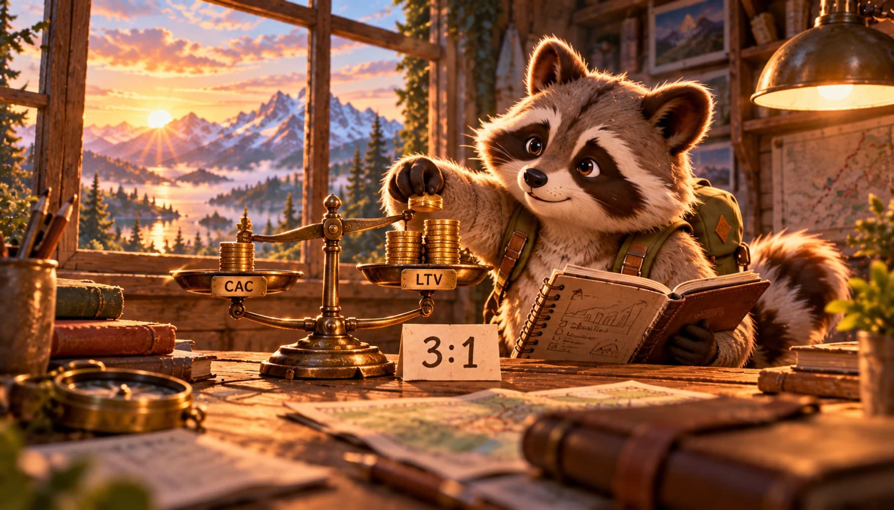A raccoon compares acquisition cost and customer lifetime value on a brass scale beside a 3:1 card.