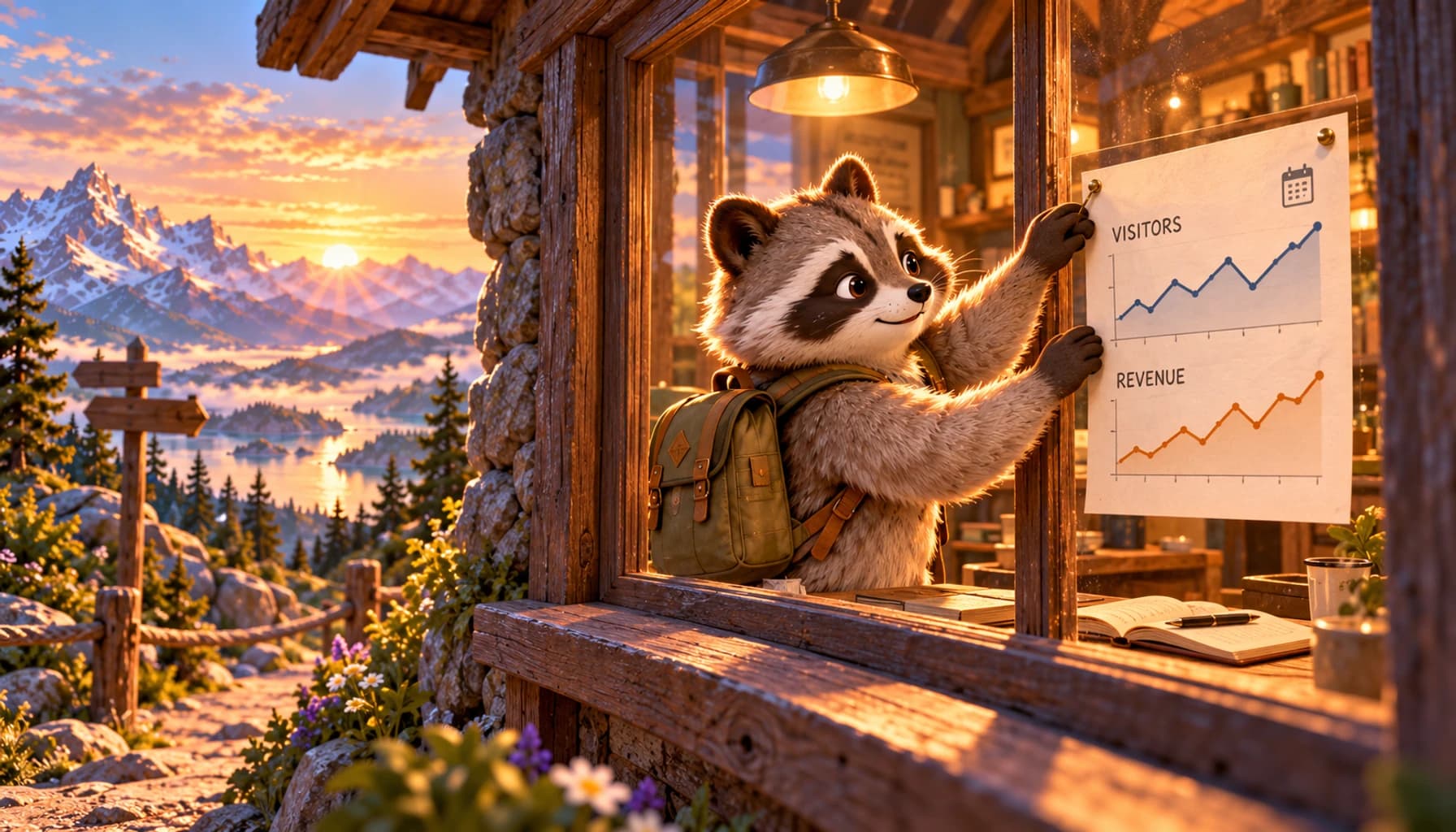 A raccoon posts a modest public metrics sheet with source notes at a cabin window.
