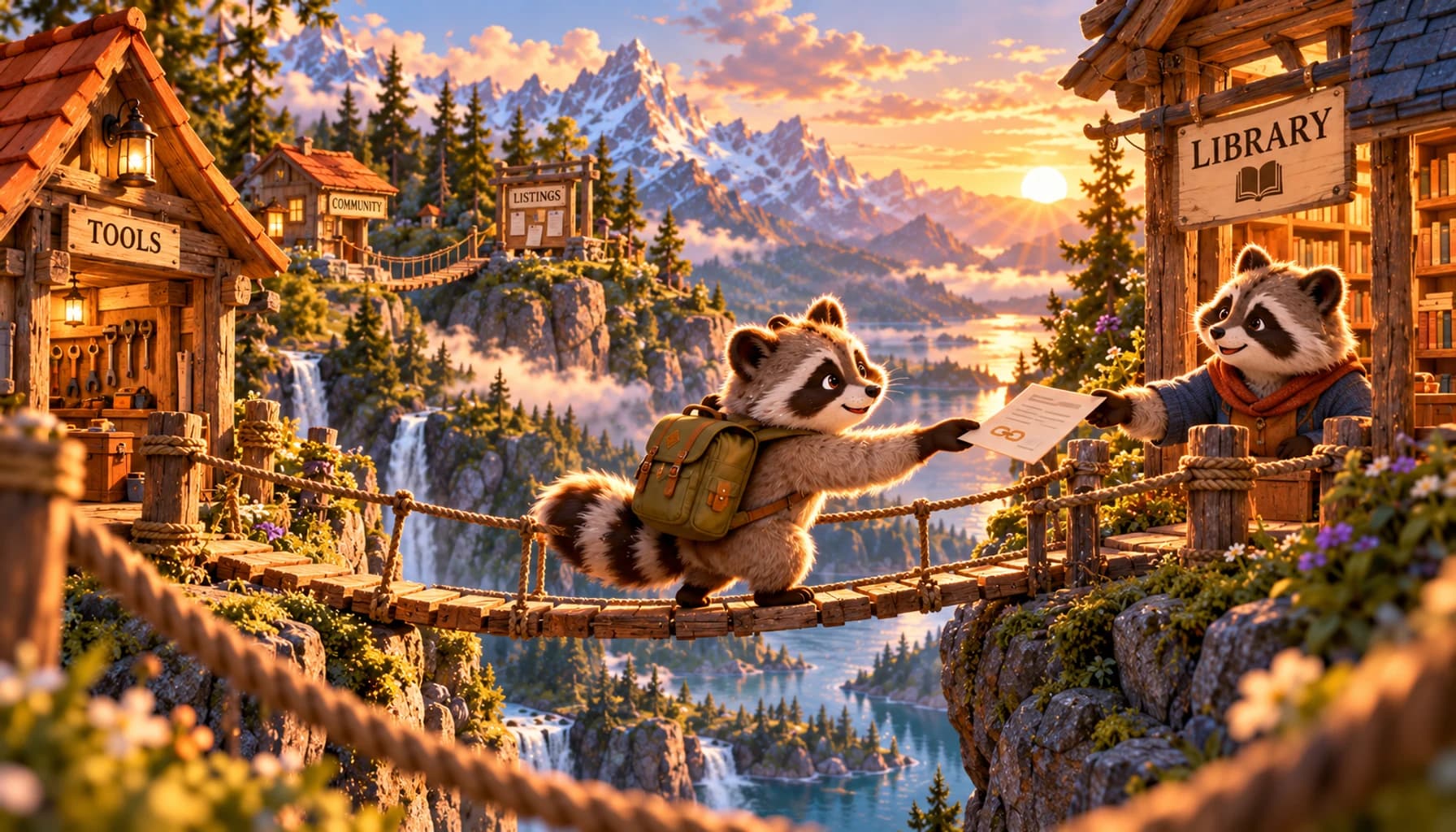 A raccoon earns a new connection by linking a useful tool cabin to a village library.
