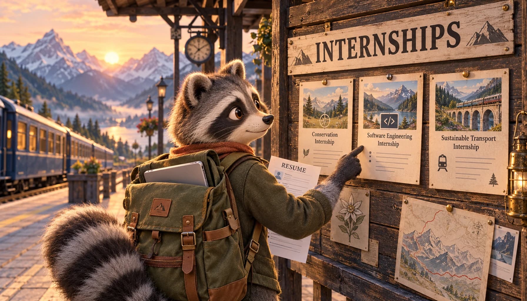 A student raccoon holding a one-page resume studies internship cards pinned to a mountain station notice board at sunrise.