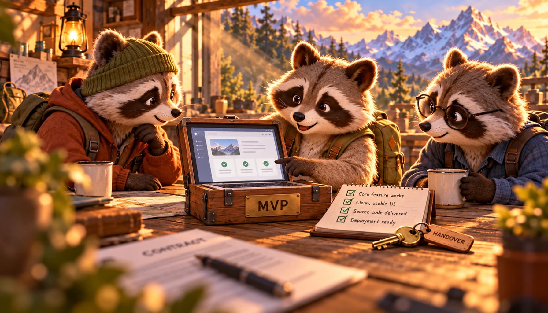 A raccoon founder checks a working MVP with a development team and a clear handover checklist.
