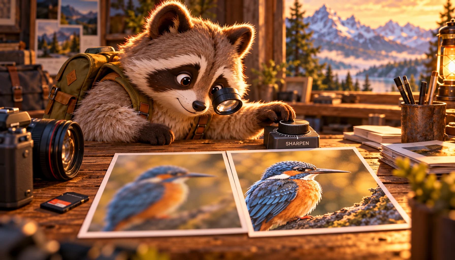 A raccoon carefully compares a blurry bird photo with a gently sharpened version under a loupe.