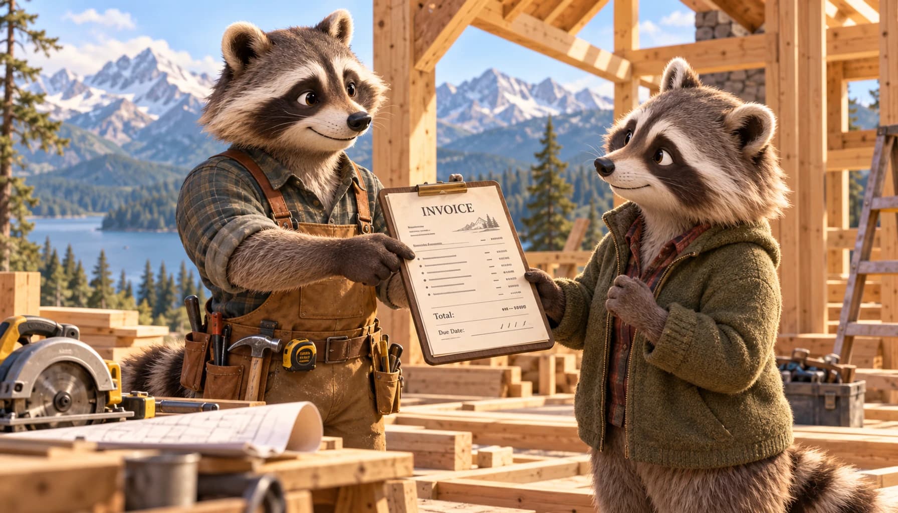 A raccoon in a tool belt hands an itemized invoice on a clipboard to a homeowner beside a half-built timber house frame.