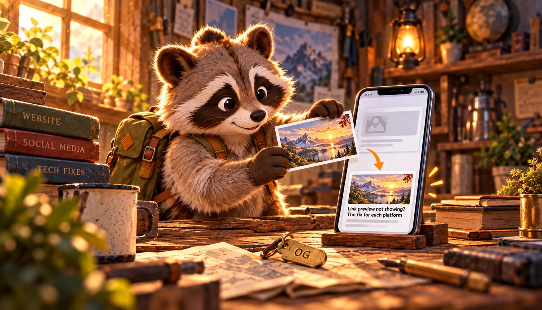 A raccoon repairs a blank link preview by fitting its thumbnail and title into a small frame.