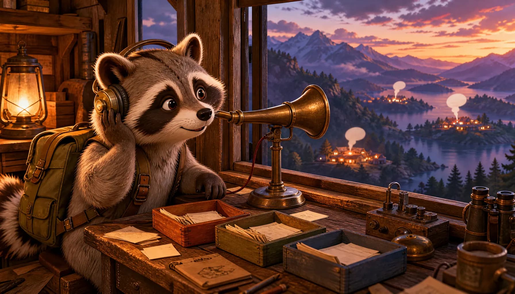 A raccoon in headphones listens through a brass ear trumpet toward distant villages and sorts paper notes into three trays.