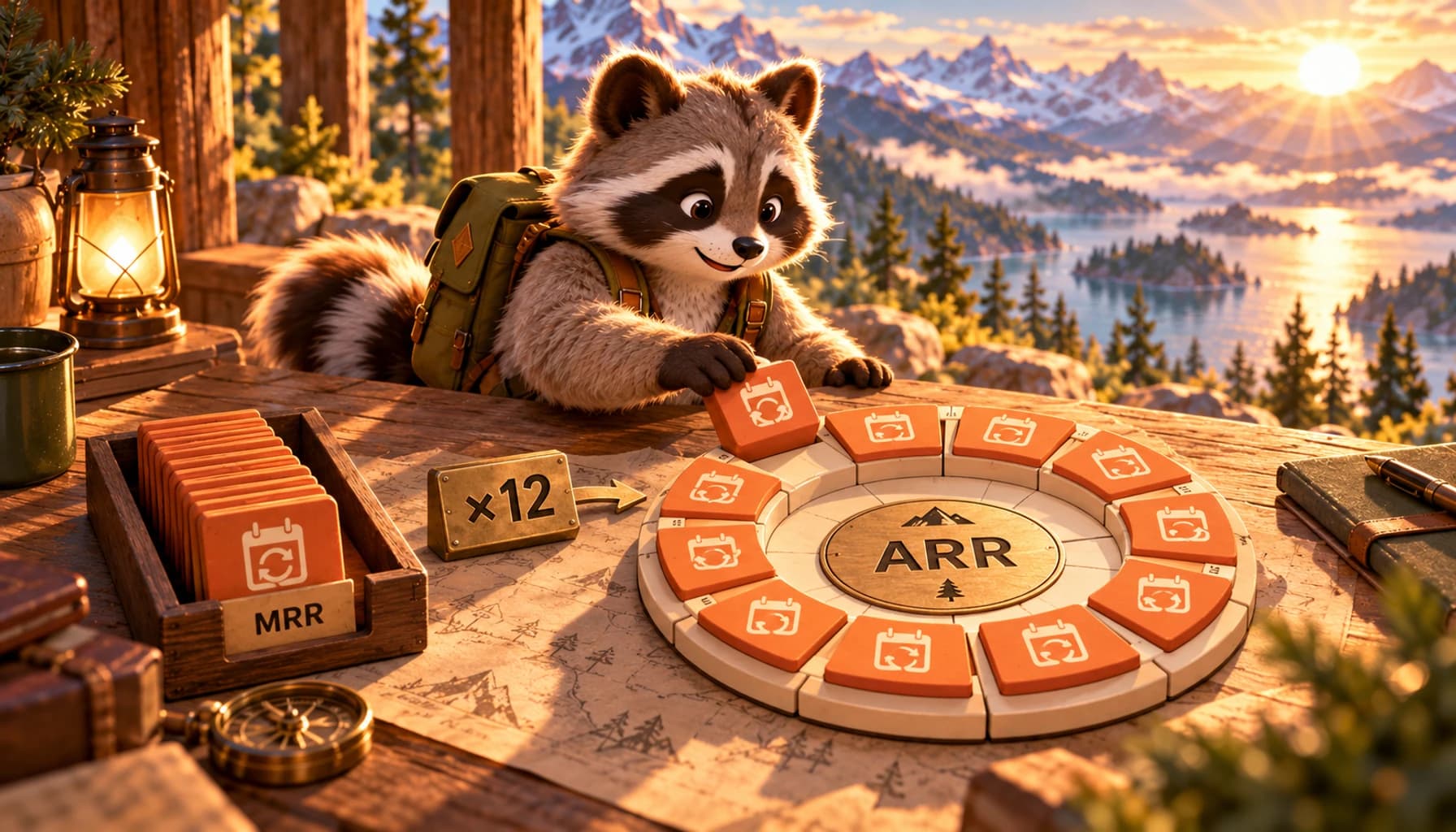 A raccoon arranges twelve monthly recurring-revenue tiles into an annual calendar ring.