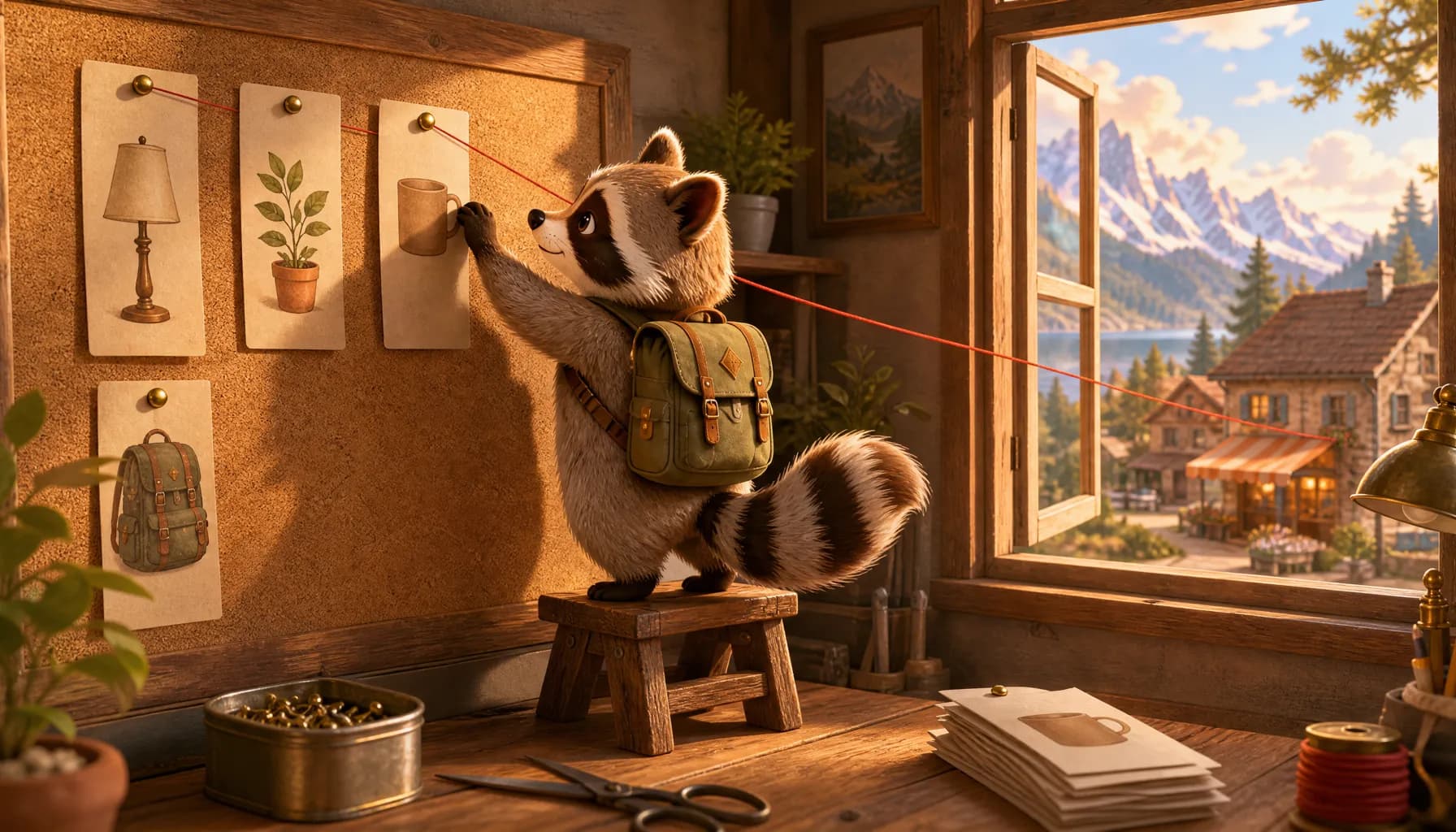 A raccoon on a stool pins a mug card to a cork board, with a red thread leading out the window to a village shop.