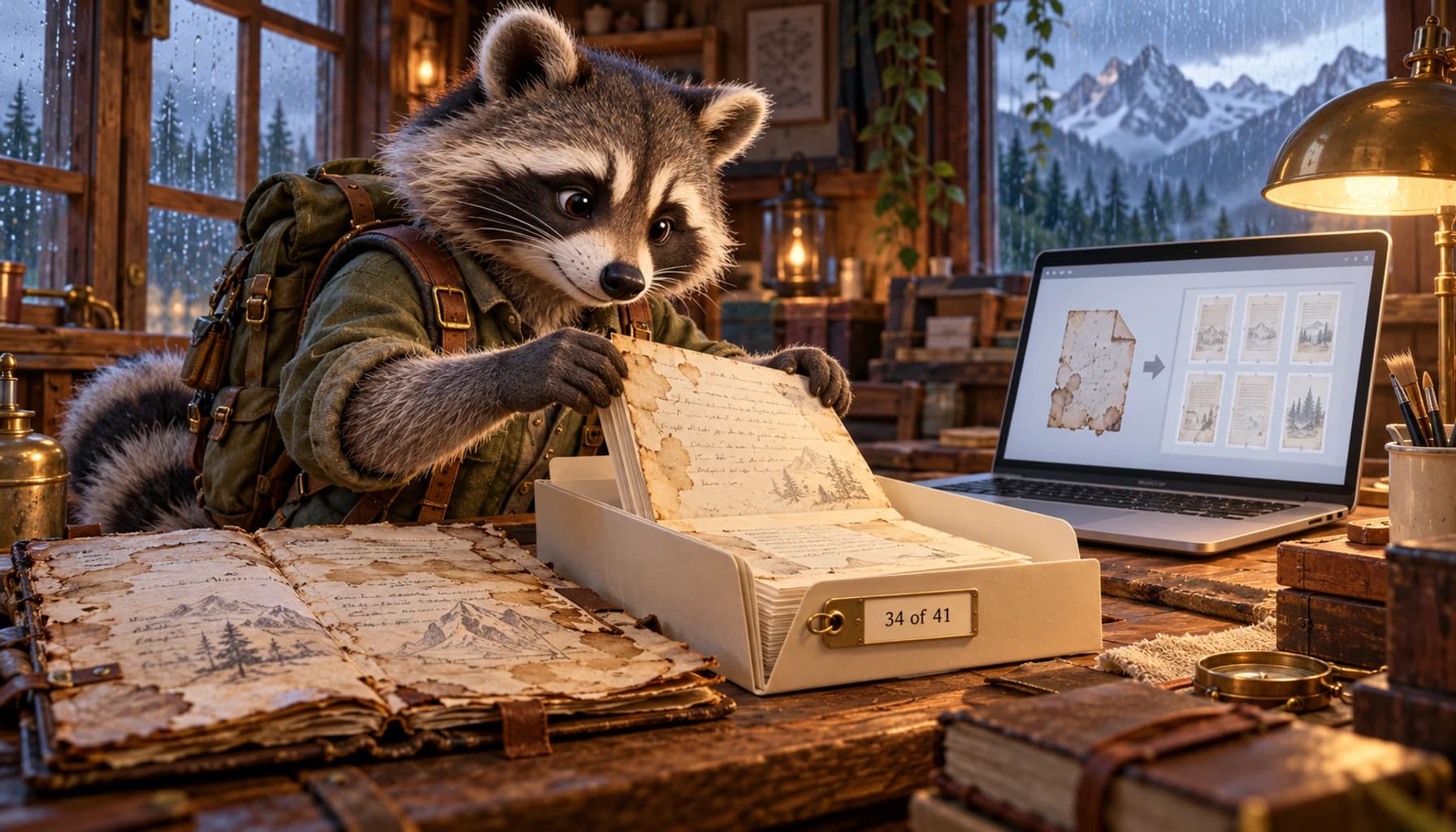 A raccoon at a workshop bench lifts intact pages out of a water-stained folio into a clean new folder tagged 34 of 41.