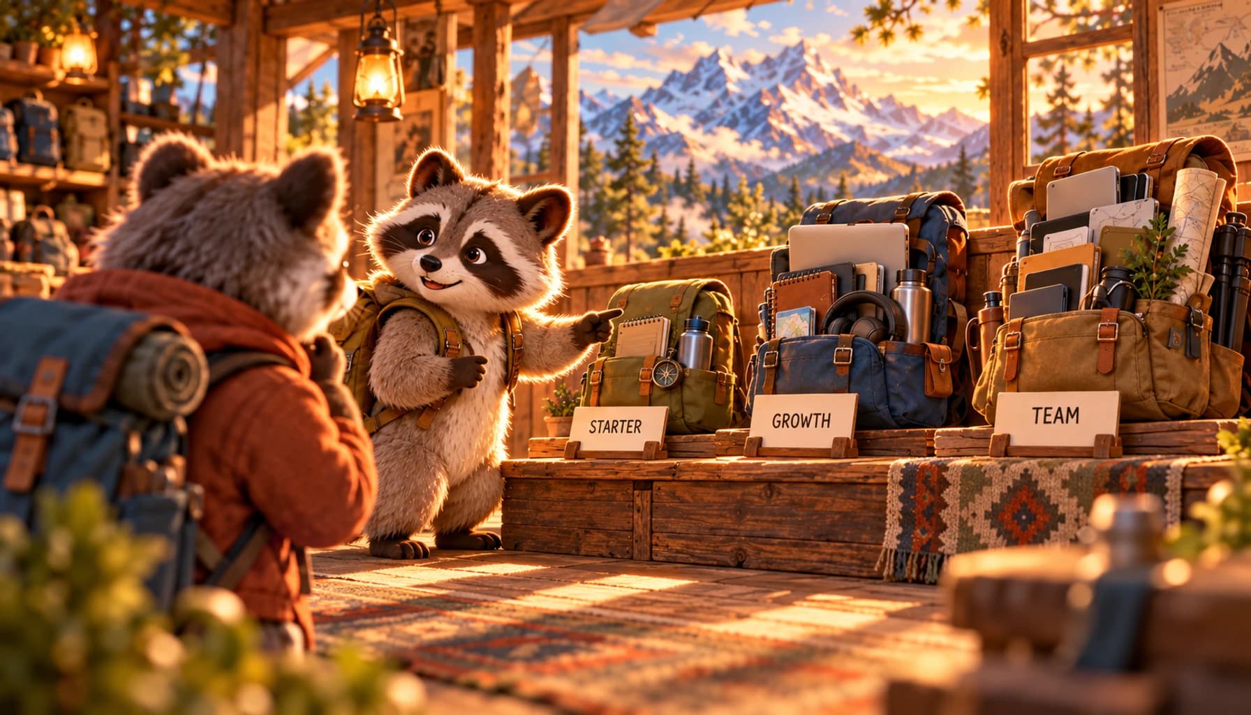 A raccoon helps a visitor choose among starter, growth, and team kits in an alpine shop.