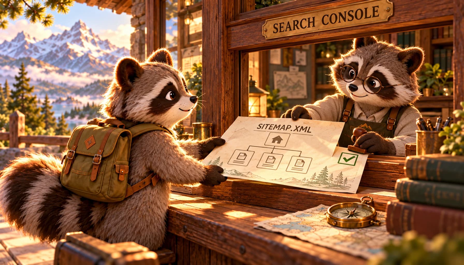 A raccoon submits a branching sitemap to a Search Console intake window in a map room.