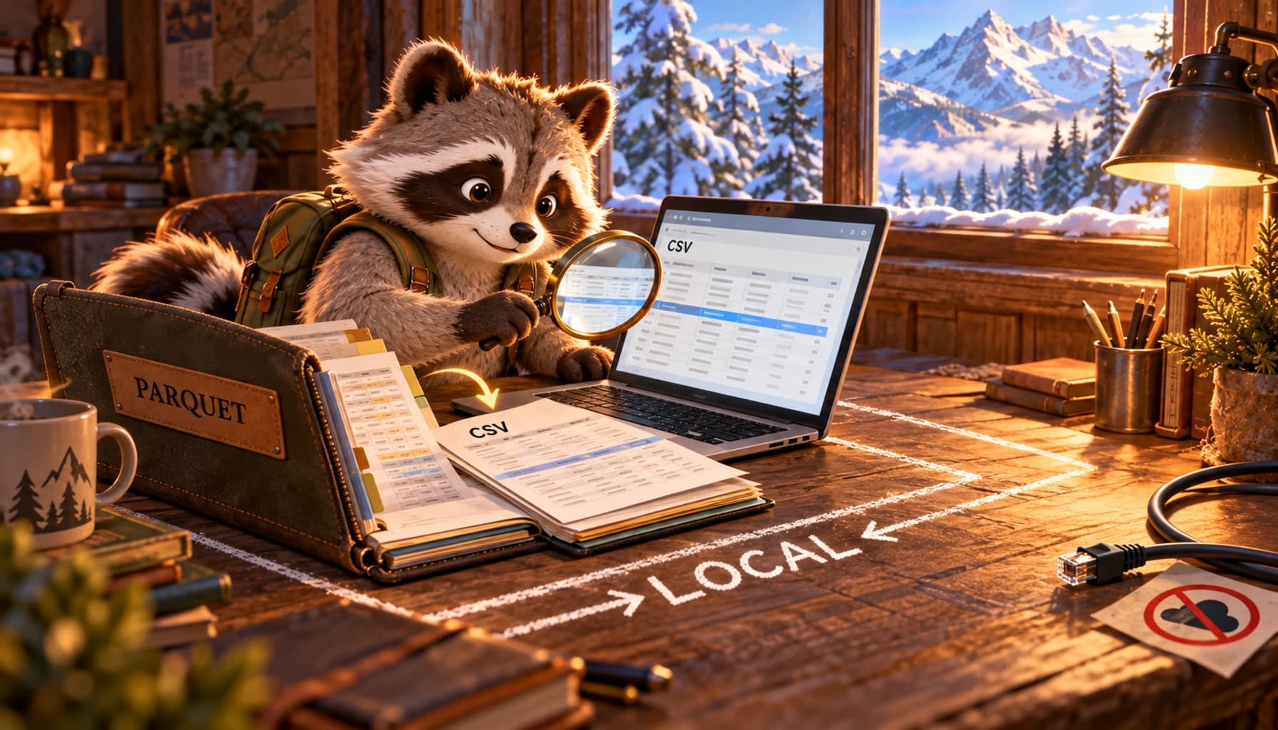 A raccoon opens a Parquet data folio into table rows beside a laptop in a local workspace.