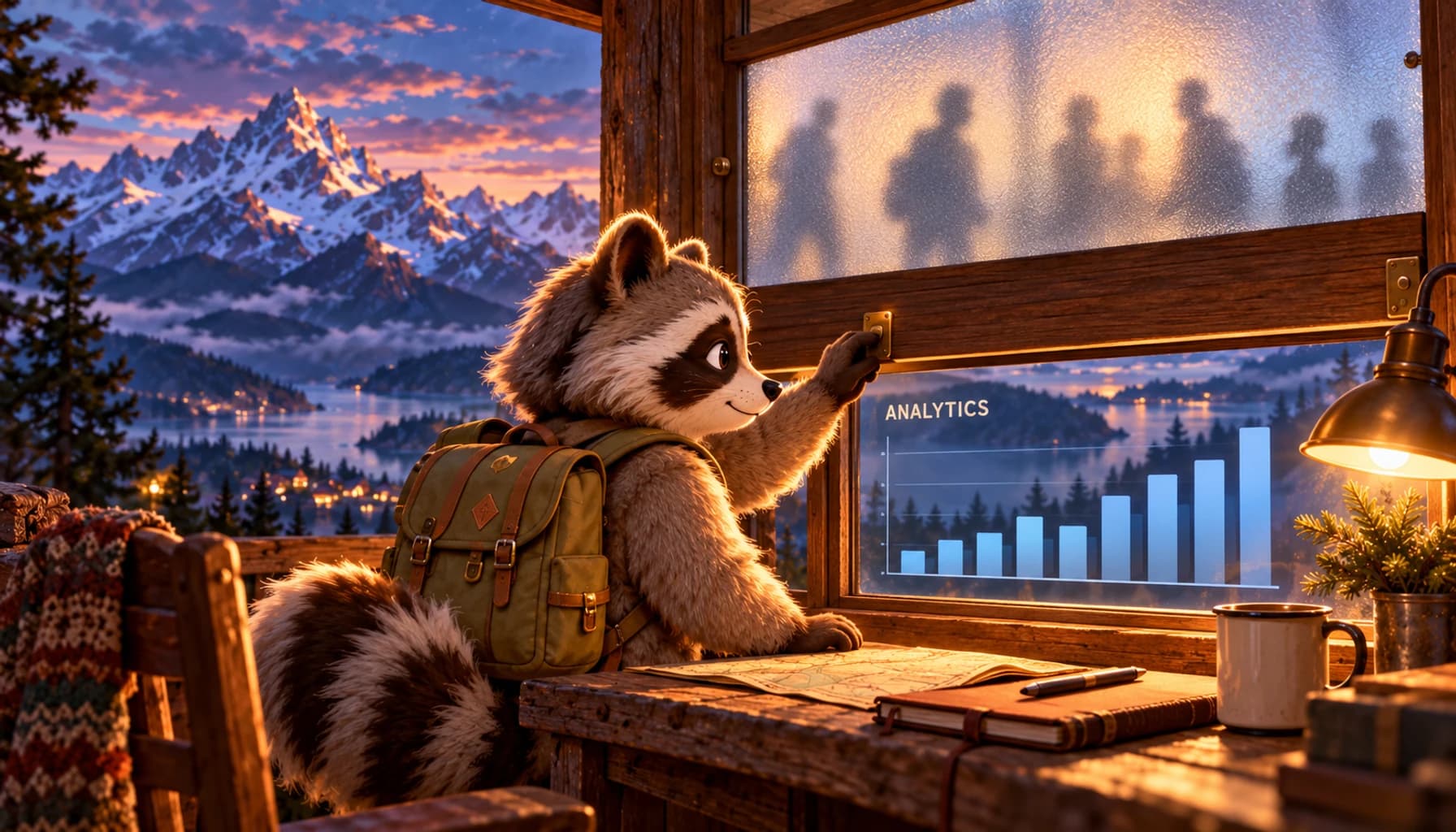 A raccoon studies aggregate analytics behind a frosted privacy window overlooking anonymous visitors.