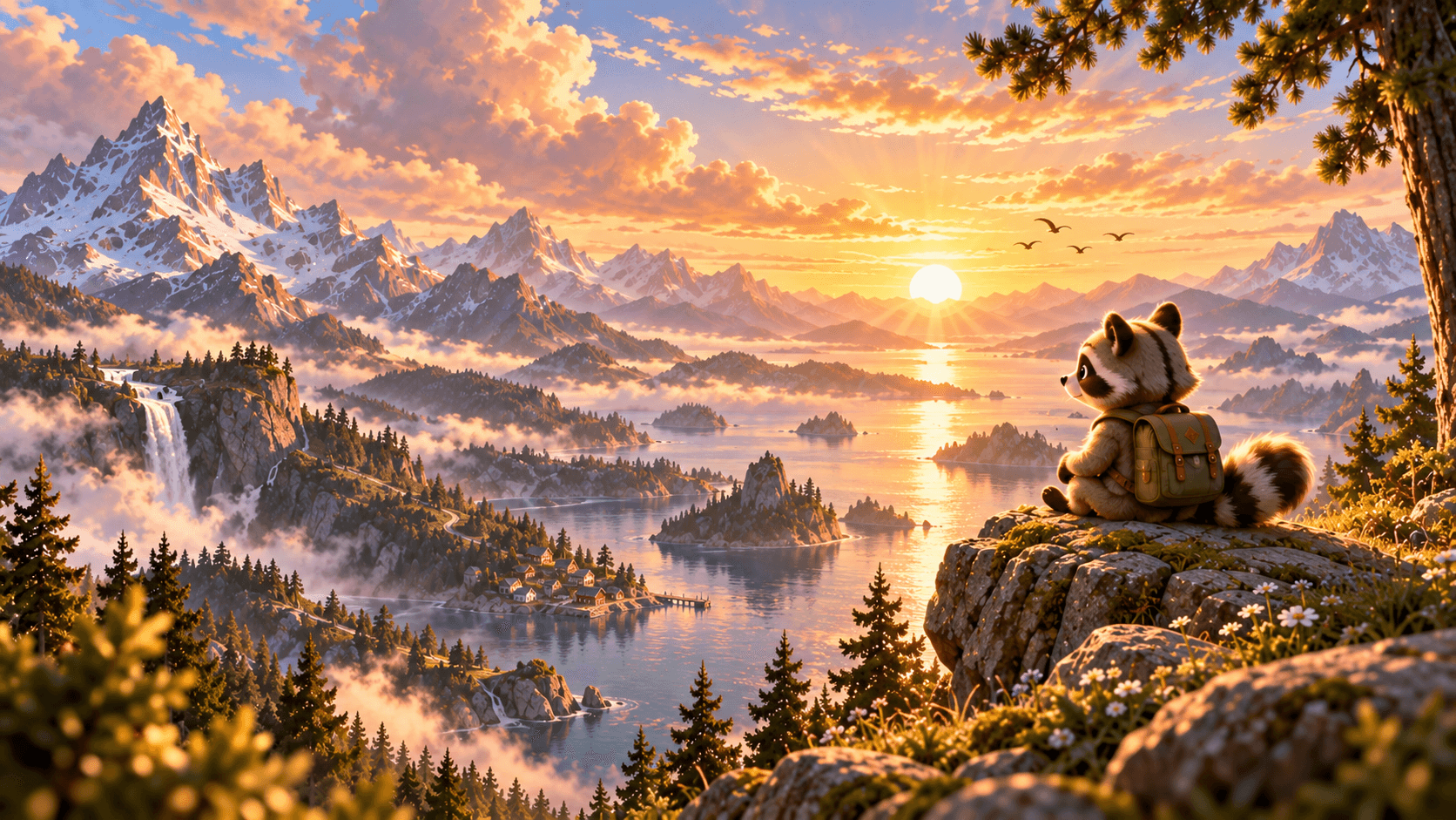 A raccoon with a backpack sits on a mossy rock watching the sun rise over snowy mountains, a waterfall and a lakeside village.