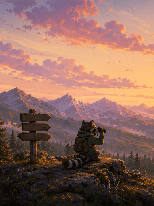 A raccoon in a green hoodie sits on a clifftop at sunrise with binoculars, beside a wooden signpost, looking out over a wide valley of forests, mist and snowy mountains.