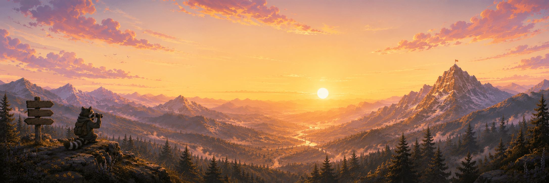 A raccoon in a green hoodie sits on a clifftop at sunrise with binoculars, beside a wooden signpost, looking out over a wide valley of forests, mist and snowy mountains.