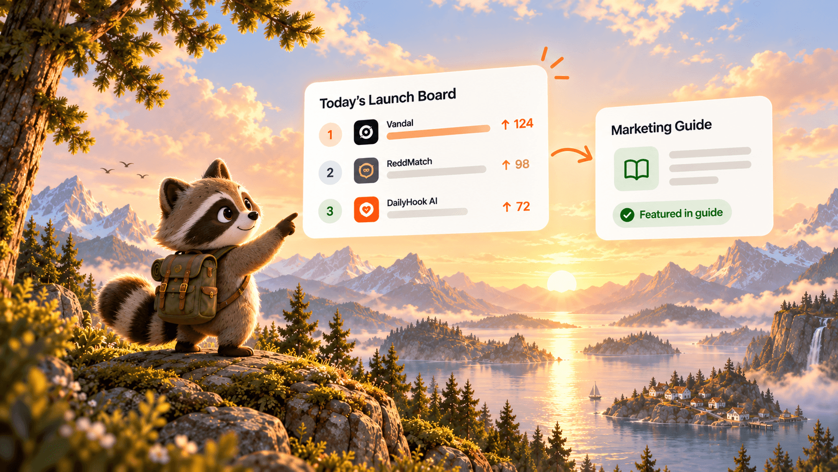 The raccoon points from a cliff at today's launch board, where the top launch flows into a marketing guide.